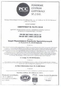 Certyfikat Nr 92/PC/2018 zgodności zintegrowanego systemu zarządzania jakością i systemu zarządzania środowiskowego z normami PN-EN ISO 9001:2015-10 i PN-EN ISO 14001:2015-09